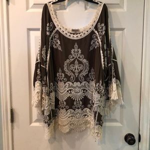 Democracy - Cold Shoulder - Crochet Trim Top - Size 1X - Dark Olive